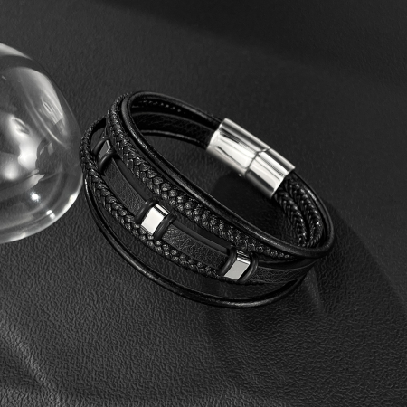 Brățară piele neagră împletită cu multiple fire și detalii din inox [2]