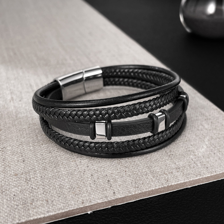 Brățară piele neagră împletită cu multiple fire și detalii din inox [11]