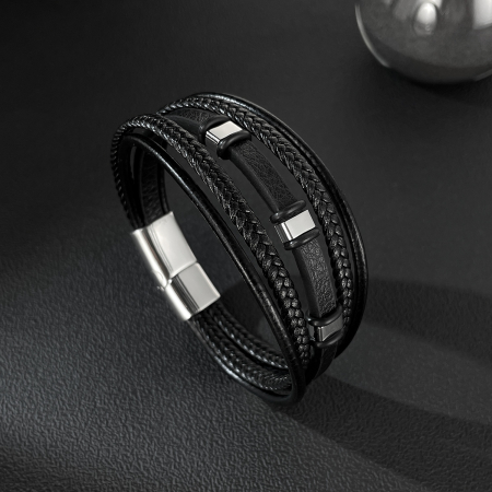 Brățară piele neagră împletită cu multiple fire și detalii din inox [7]