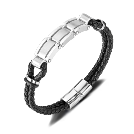 Brățară piele neagră împletită cu segmente metalice din inox – Echilibru între forță și rafinament