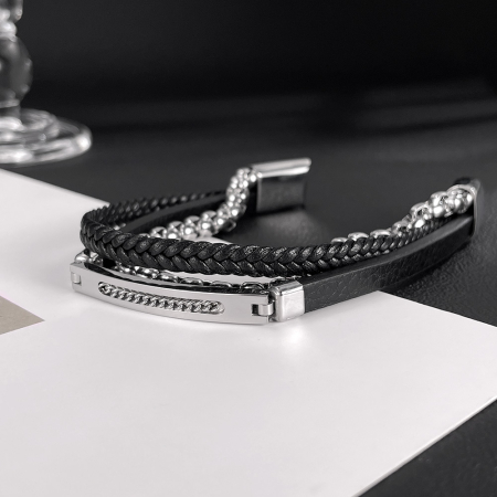 Bratara piele neagra si inox cu lant decorativ – Eleganta masculina moderna [3]