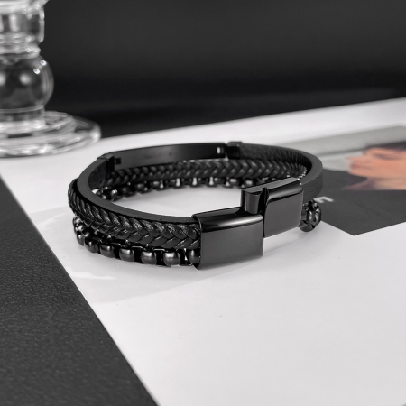 Bratara piele neagra si inox cu lant decorativ – Eleganta masculina moderna [6]