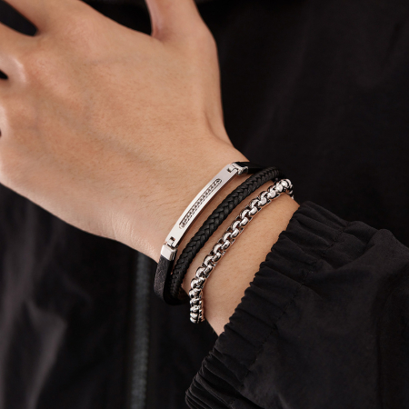 Bratara piele neagra si inox cu lant decorativ – Eleganta masculina moderna [7]