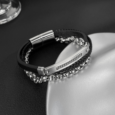 Bratara piele neagra si inox cu lant decorativ – Eleganta masculina moderna [8]
