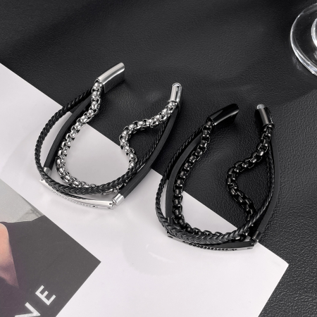 Bratara piele neagra si inox negru cu lant decorativ – Putere si rafinament masculin [5]