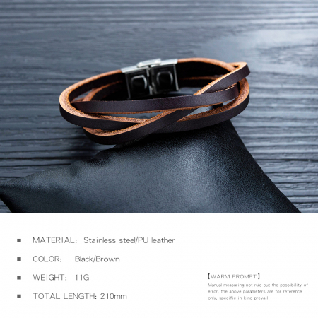 Bratara neagra Simplicity tripla din piele si inox [8]