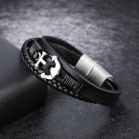 Bratara tripla din inox si piele neagra cu ancora [4]