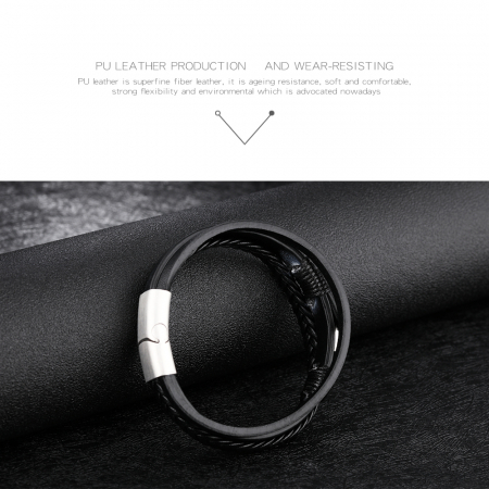 Bratara tripla din inox si piele neagra cu ancora [9]