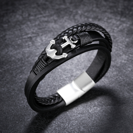 Bratara tripla din inox si piele neagra cu ancora [2]