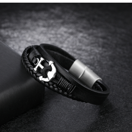 Bratara tripla din inox si piele neagra cu ancora [6]