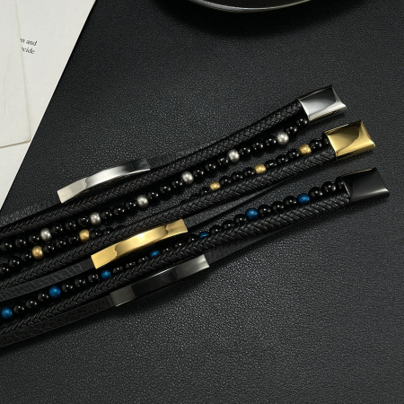 Bratara tripla inox, piele si onix [4]