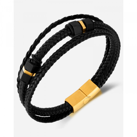 Bratara tripla inox si piele impletita [5]