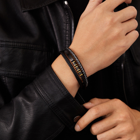 Bratara tripla inox si piele impletita [11]