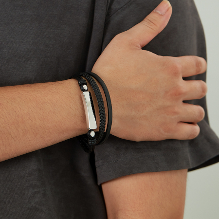 Bratara tripla inox si piele impletita [3]