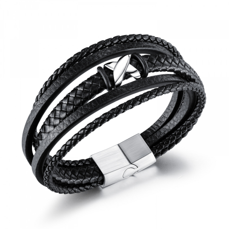 Bratara X Factor din inox si piele neagra