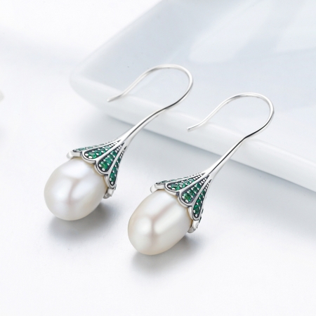 Cercei argint 925 cu perle fine si zirconii verzi - Be Nature EST0012 [2]