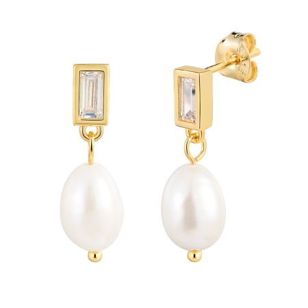 Cercei argint 925 placati cu aur 14K cu perle naturale si zirconiu