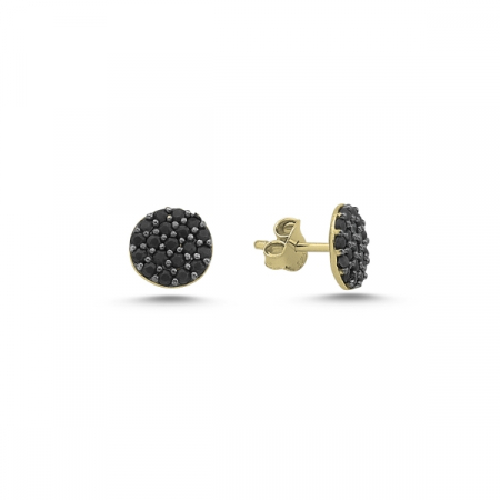 Cercei argint rotunzi cu zirconii negre placat cu aur galben - ETU0102 [0]