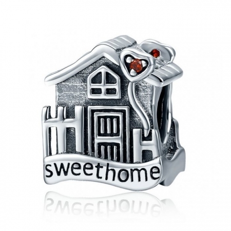 Charm argint 925 casuta Sweet Home cu inimioare rosii PST0107