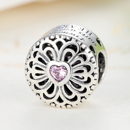 Charm argint 925 cu floare si inima roz - Friendship starts with loving hearts - Be Nature PST0041 [4]