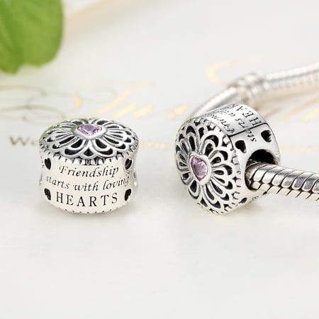 Charm argint 925 cu floare si inima roz - Friendship starts with loving hearts - Be Nature PST0041 [2]