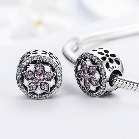 Charm argint 925 cu floare si zirconii albe si roz - Be Nature PST0081 [1]
