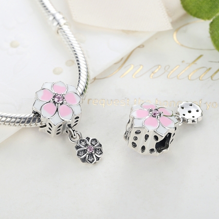 Charm argint 925 cu floricele roz si zirconii albe si roz - Be Nature PST0050 [2]