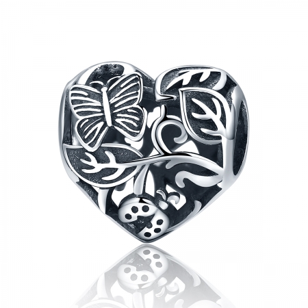 Charm argint 925 cu inimioara cu fluturas, gargarita si frunze - Be in Love PST0082
