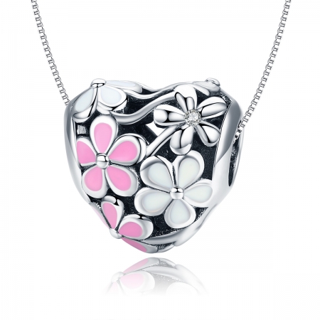 Charm argint 925 inimioara cu floricele albe si roz - Be in Love PST0139 [5]