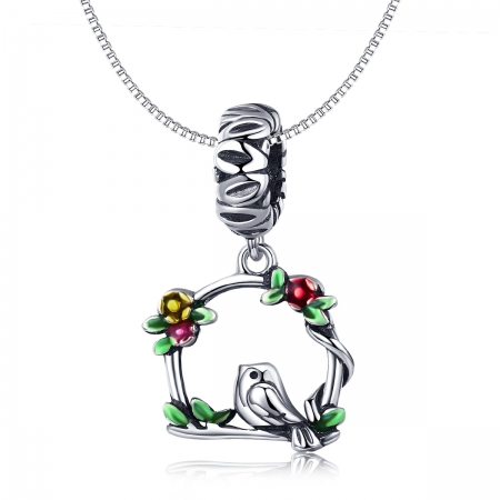 Charm argint 925 inimioara cu floricele si vrabiuta - Be Nature PST0127 [2]