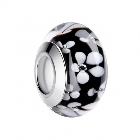 Charm fantezie negru cu flori albe PSTF0007