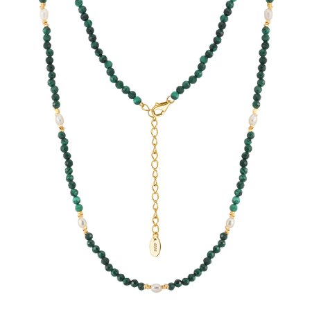 Colier argint 925 placat cu aur 14K cu perle naturale si malachit natural