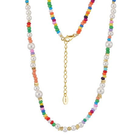 Colier argint 925 placat cu aur 14K cu perle si margele din sticla colorata