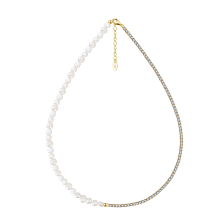 Colier tennis argint 925 placat cu aur 14K cu perle si zirconiu
