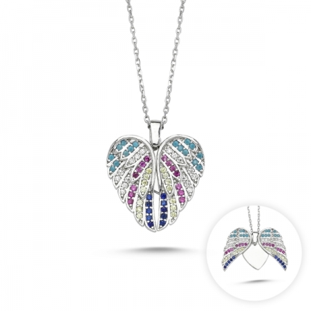 Colier argint 925 rodiat cu inimioara, aripi de inger si zirconii colorate - Be Protected CTU0078 [1]