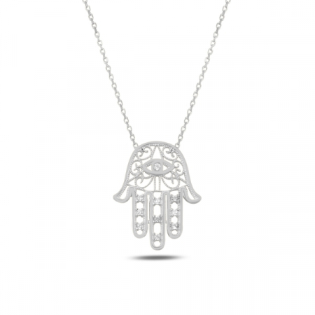 Colier argint cu Hamsa Mana lui Fatima si zirconii albe, placat cu rodiu - CTU0107 [0]