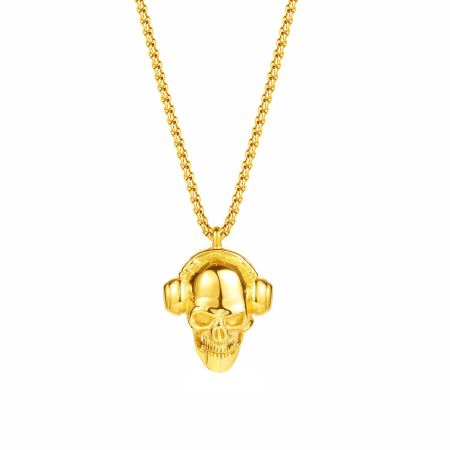 Colier inox auriu Craniu cu Casti 55 cm