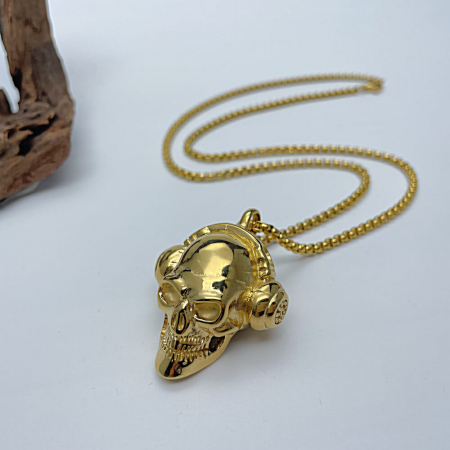 Colier inox auriu Craniu cu Casti 70 cm [3]