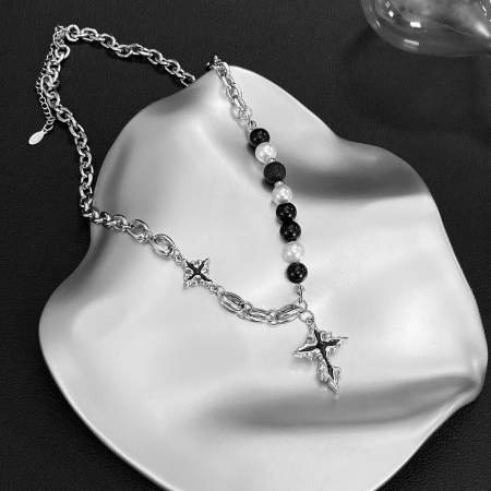 Colier inox cruce cu perle si roca vulcanica [9]