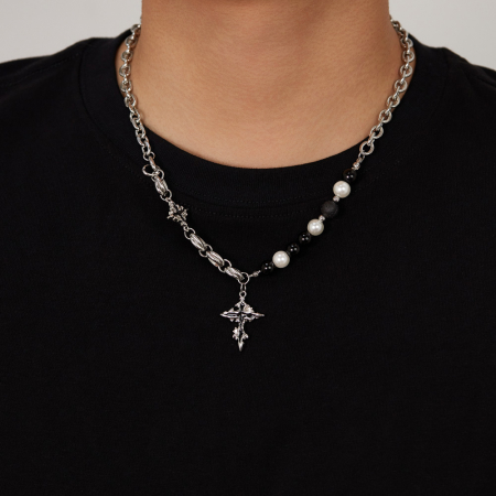 Colier inox cruce cu perle si roca vulcanica [4]