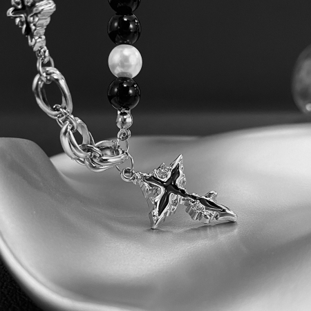 Colier inox cruce cu perle si roca vulcanica [2]