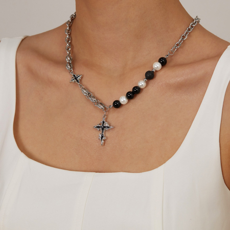 Colier inox cruce cu perle si roca vulcanica [1]