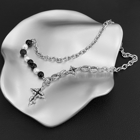 Colier inox cruce cu perle si roca vulcanica [12]