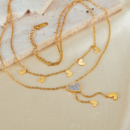 Colier inox dublu cu inimioare si zirconii [5]