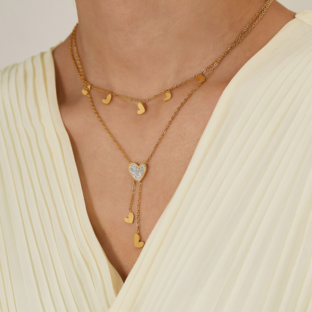 Colier inox dublu cu inimioare si zirconii [4]