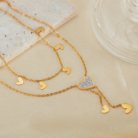 Colier inox dublu cu inimioare si zirconii [7]