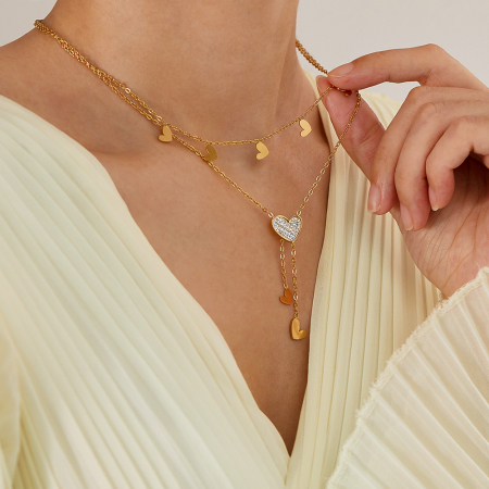 Colier inox dublu cu inimioare si zirconii [6]