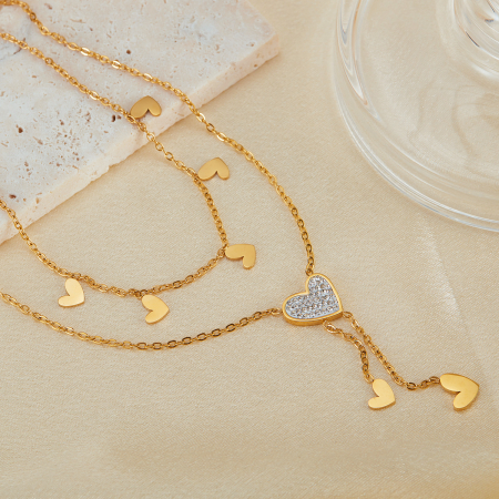 Colier inox dublu cu inimioare si zirconii [10]