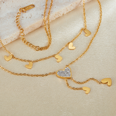 Colier inox dublu cu inimioare si zirconii [9]