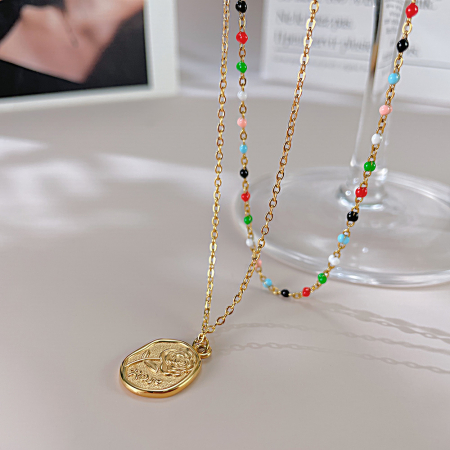 Colier inox dublu cu margele si trandafir [4]